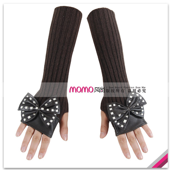 Women's long design 30cm semi-finger gloves sheepskin gloves wool long design bow genuine leather gloves