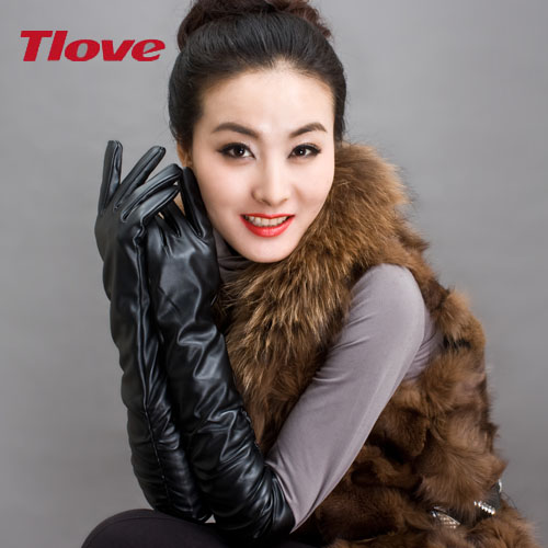 Women's long design leather gloves winter 50cm women's long gloves female arm sleeve 2 double