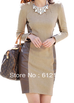 Women's Long one-piece dress plus size PU leather patchwork skirt long-sleeved dresses SS-007