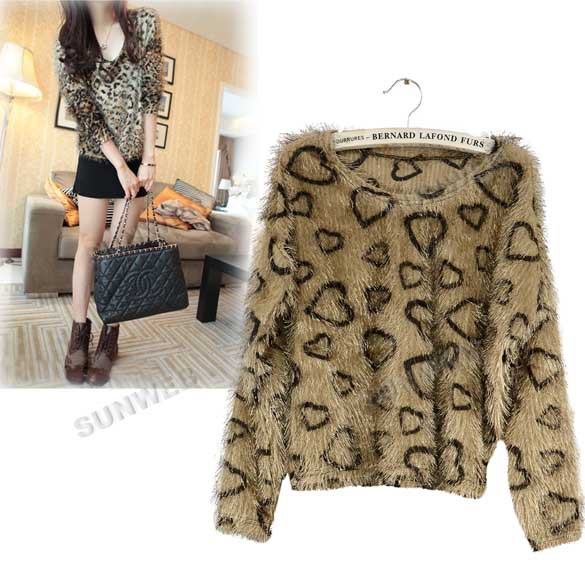 Women's Long Sleeve Batwing Heart Leopard sweater Pattern Fluffy Pullover Short Tops Shirt Free shipping 7986