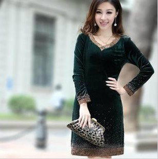Women's long-sleeve dress high quality royal V-neck fashion quality gold velvet one-piece dress