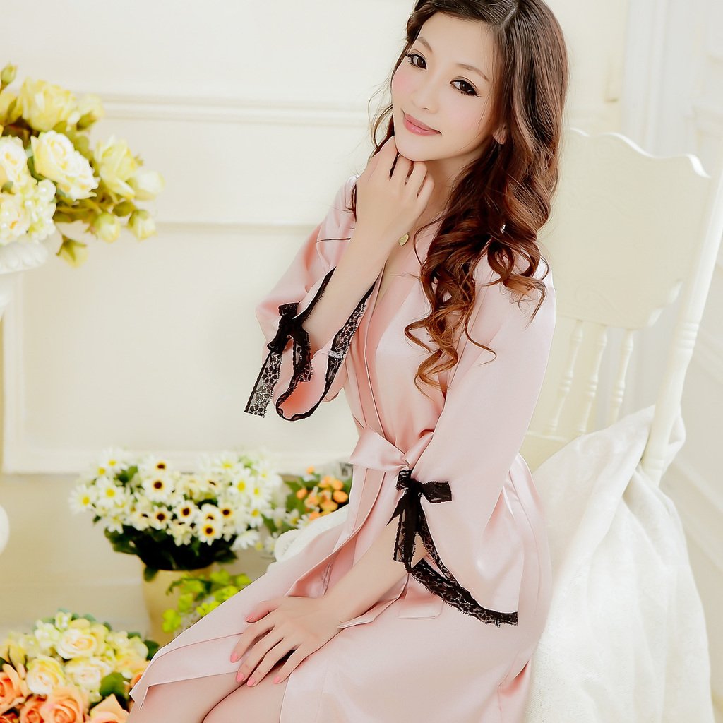 Women's long-sleeve faux silk robe powder orange lace bathrobe summer sexy sleepwear
