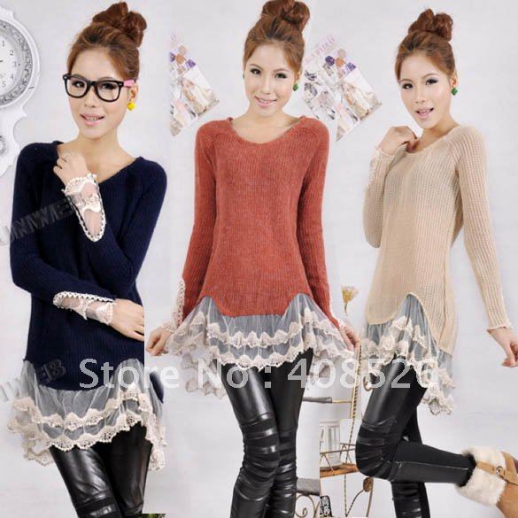 Women's Long Sleeve Round Neck Knit Sweater Tops Lace Hem Mini Keep Warm Dresses Fall&Winter 7272