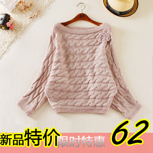 Women's long-sleeve slit neckline loose batwing shirt twisted sweater outerwear Free Shipping