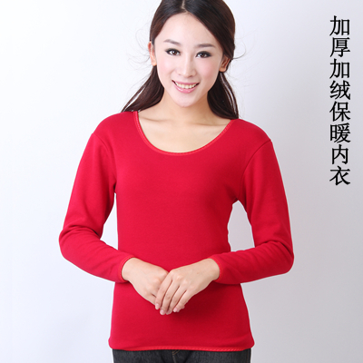 Women's long-sleeve thermal underwear female plus velvet thickening thermal top black o-neck solid color cotton free shipping