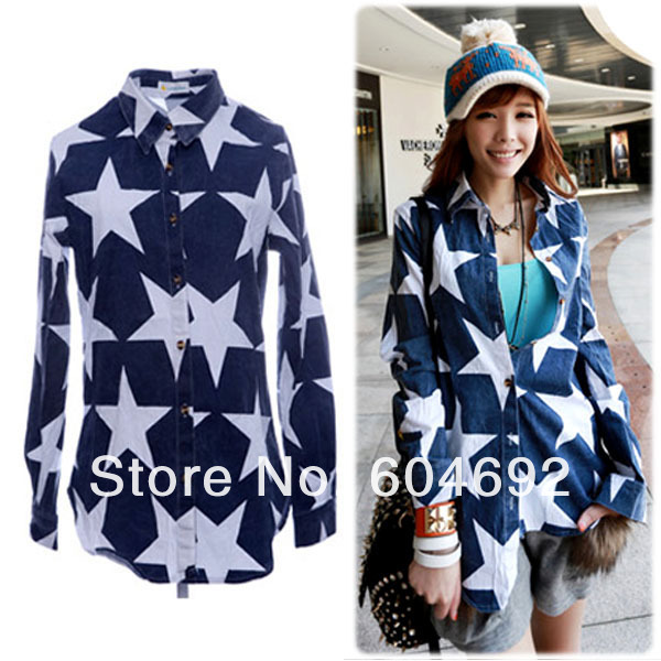 Women's Long Sleeve Tops Jeans Casual Shirt Button Down Collared Denim Blouse CY0351