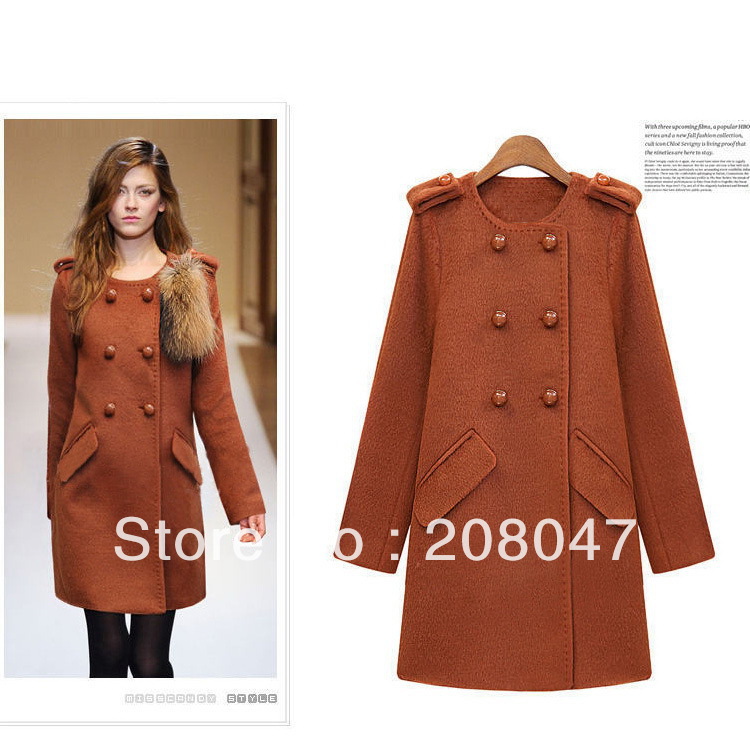 women's long style tweed coat Blended wool turndown double breasted Outerwear