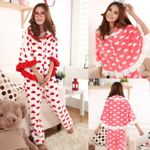 Women's long thick batwing sleeve sweet love coral fleece sleepwear coral fleece lounge set