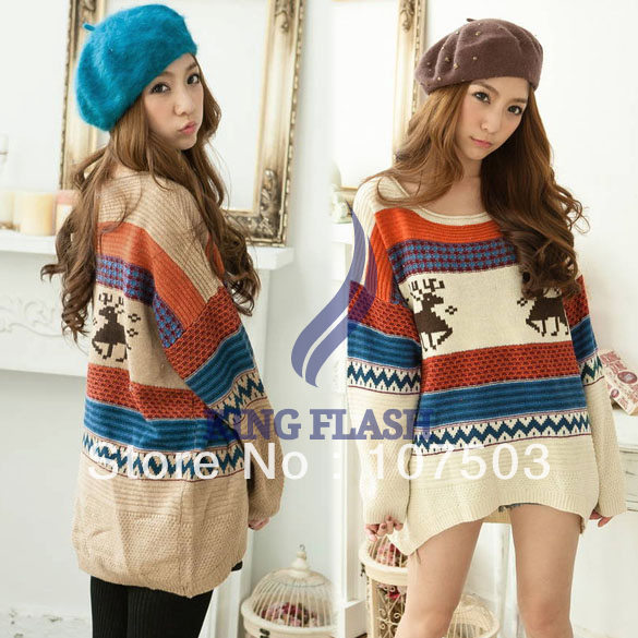 Women's Loose Cardigan Sweaters Jumpers Top Deer Pattern Pullover Knitwear 4 colors free shipping 7563