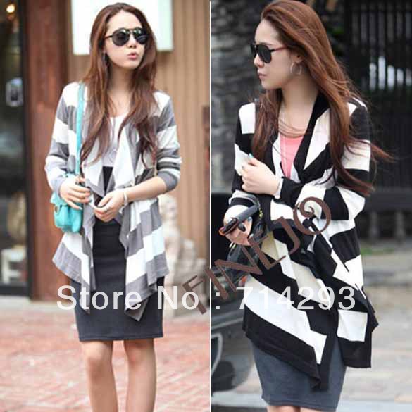 Women's Loose Style Stripe Outwear Long sleeve V-neck Top Blouse Thin Coat Free Shipping 9489