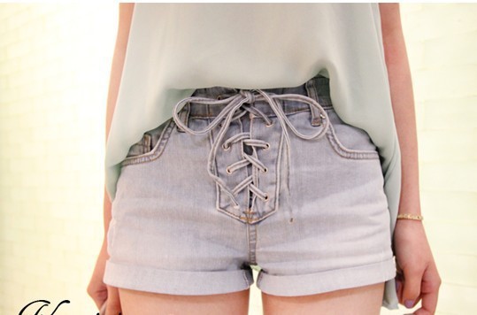 Women's Low waist Drawstring Loose cuffed Denim Jean Flanging Shorts,D18+Free Shipping