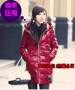 Women's medium-long glossy slim waist down coat with a hood outerwear women's Wine red Women