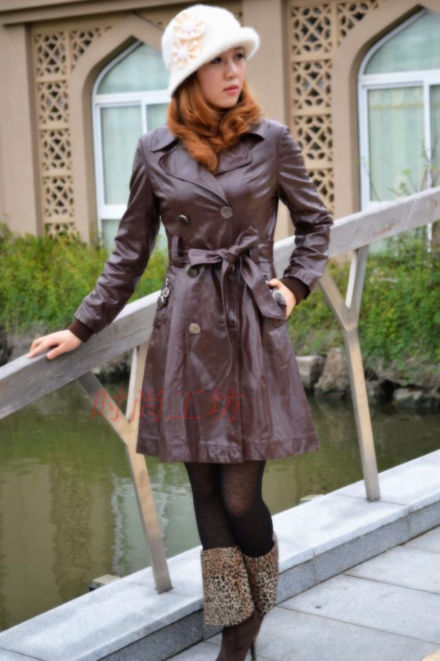 Women's medium-long leather clothing slim thin PU water washed leather elegant slim waist big skirt leather coat Free Shipping