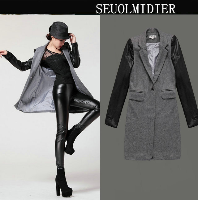 Women's medium-long new arrival british style woolen leather overcoat black grey