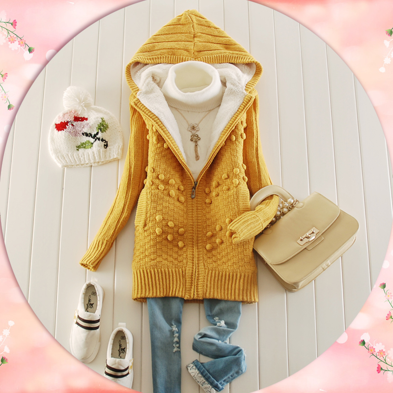 Women's medium-long thickening sweater outerwear 2012 autumn and winter with a hood yarn zipper-up