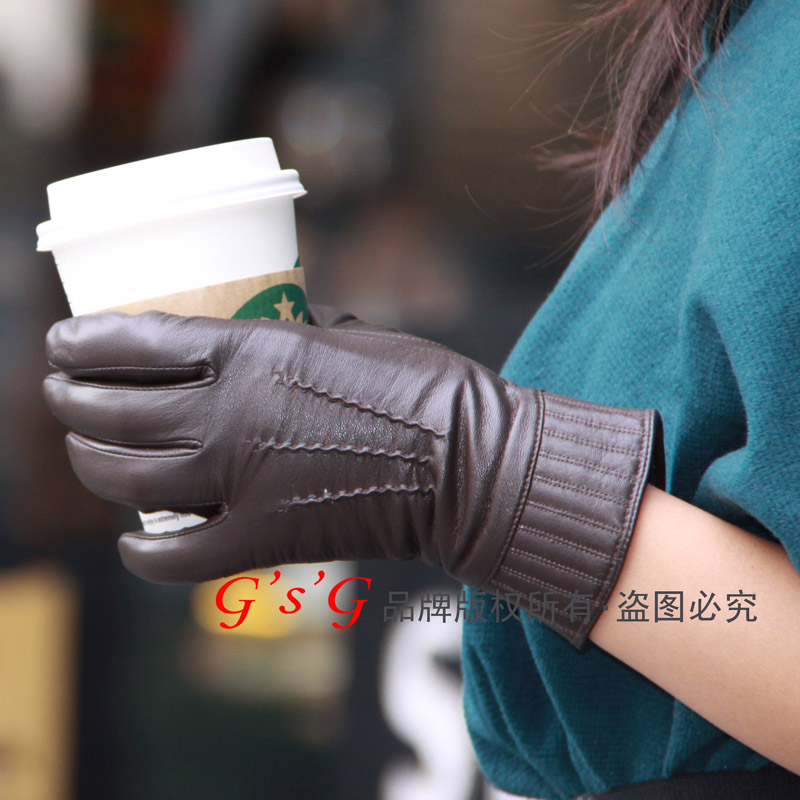 Women's medium-long top small sheepskin winter genuine leather thermal gloves gsbw11022