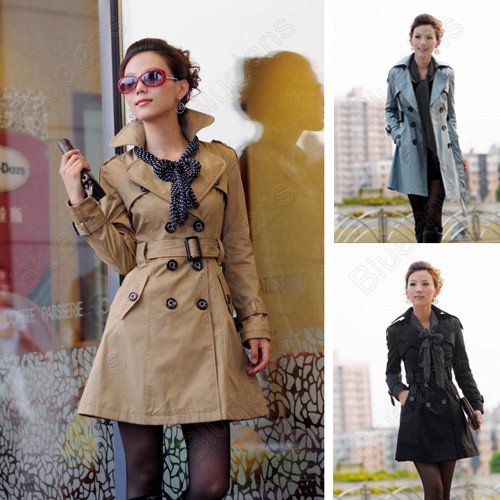 Women's Military Style Double-breasted Long Coat Jacket Outwear M-XXL With Scarf Free Shipping