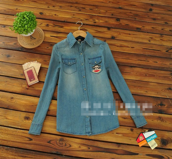Women's monkey pattern embroidery snaps denim shirt