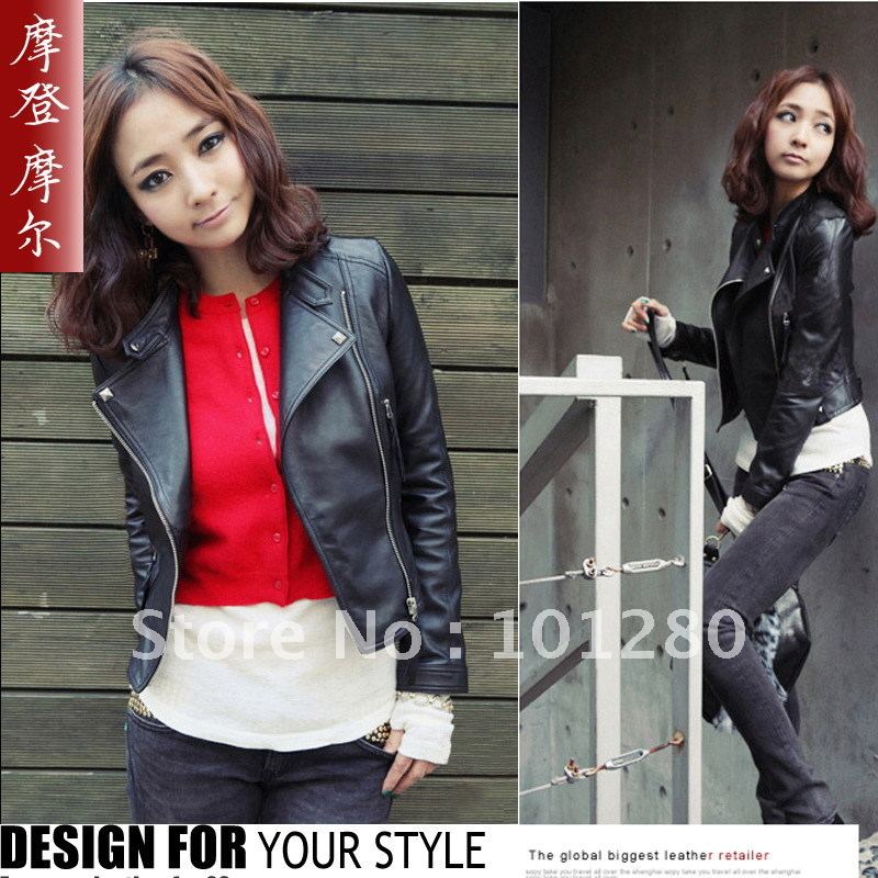 Women's motorcycle leather clothing slim jacket spring and autumn coat short design small leather clothing