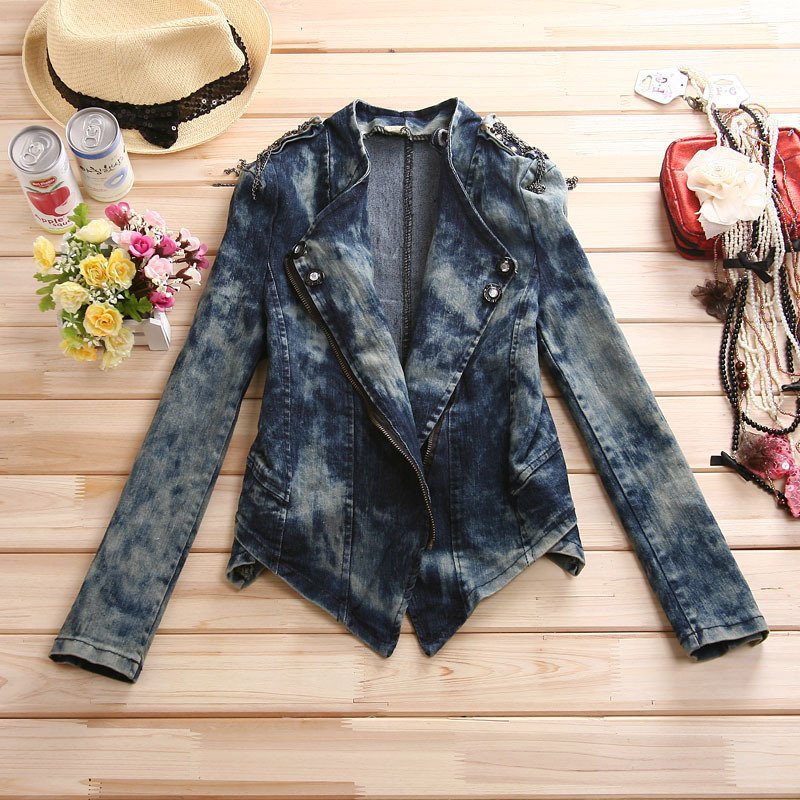 women's motorcycle zipper long-sleeve short design elastic slim denim coat denim short jacket top
