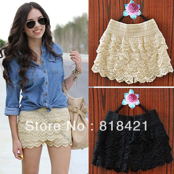 Women's multi-layer lace cutout crochet shorts solid color sexy safety pants basic skirt pants Size S-M