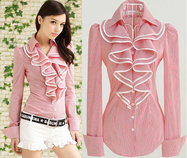 Women's New arrival OL falbala Red white striped Shirt ruffles Shirts Tops