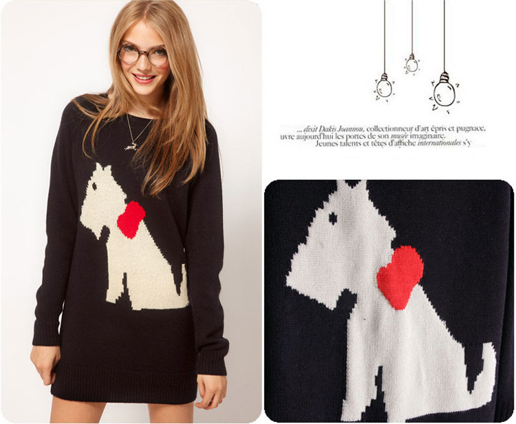 Women's new Leisure O-collar Lovely dog Long-sleeve Long Style Pullovers knitting Sweater 8993