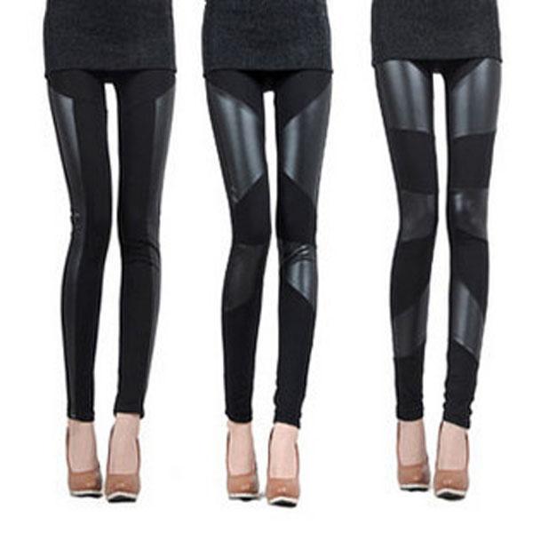Women's New style Sexy Stitching Stretchy Faux Leather Back Tight Leggings Pant