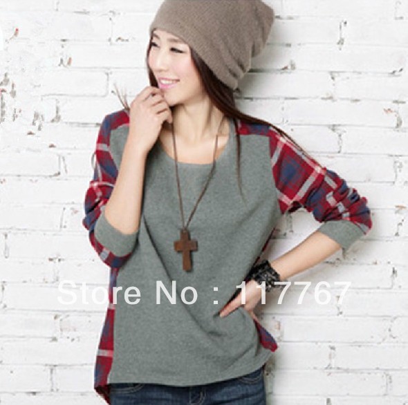 Women's O- Neck Plaid Checks Print Casual Long Sleeve Loose Top T-Shirt  Lovely Ladies