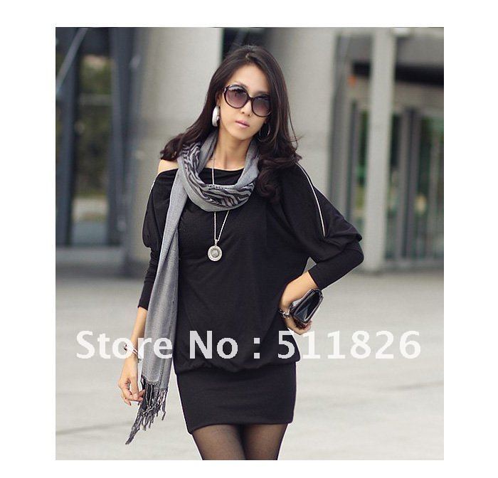 Women's Off-Shoulder Batwing Dolman long Sleeve Zip Loose Casual Party Mini Sexy Dress Top Free Shipping 5101