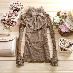 Women's ol elegant all-match bow beaded turtleneck long-sleeve lace shirt basic shirt top