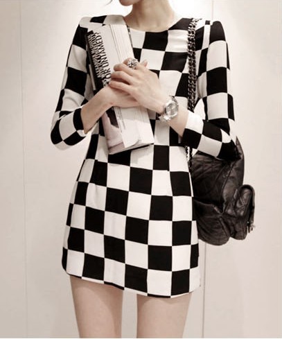 women's OL elegant slim one-piece dress black and white plaid wrist-length sleeve slim hip skirt free shipping