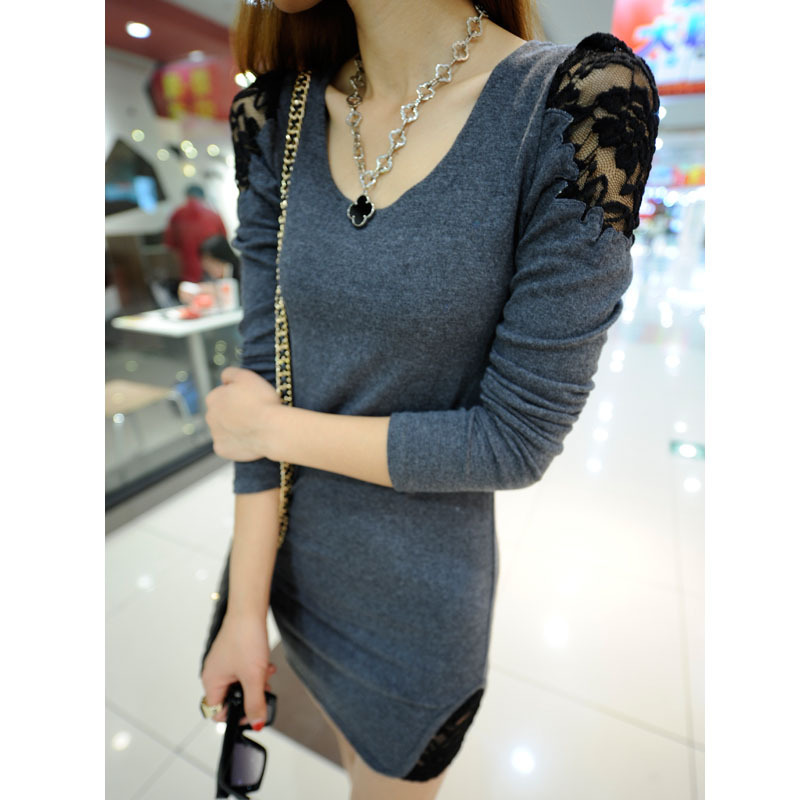 - women's one-piece dress slim basic shirt long-sleeve lace slim hip skirt