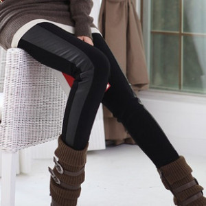 Women's patchwork leather plus velvet pencil pants boot cut jeans thickening plus size legging female free shipping