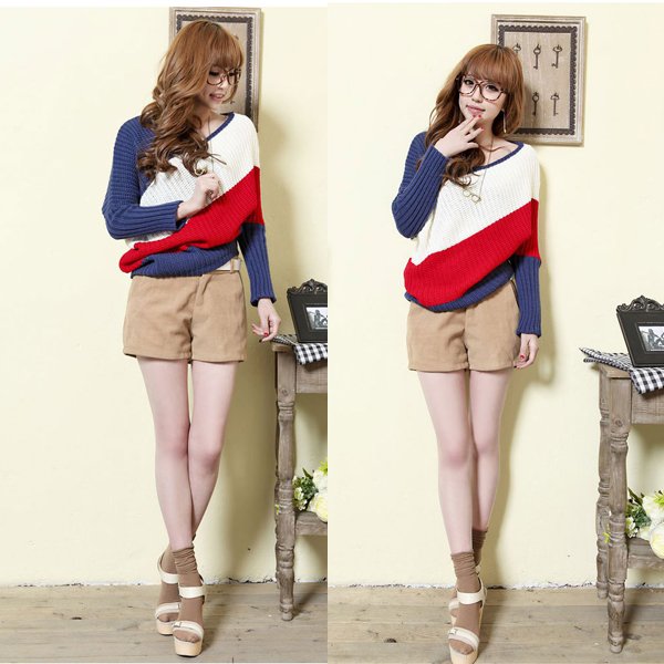 Women's Patchwork Red/blue Stripe Knits Irregular Slanting Baggy Shirt Sweater Outerwear HR419RL