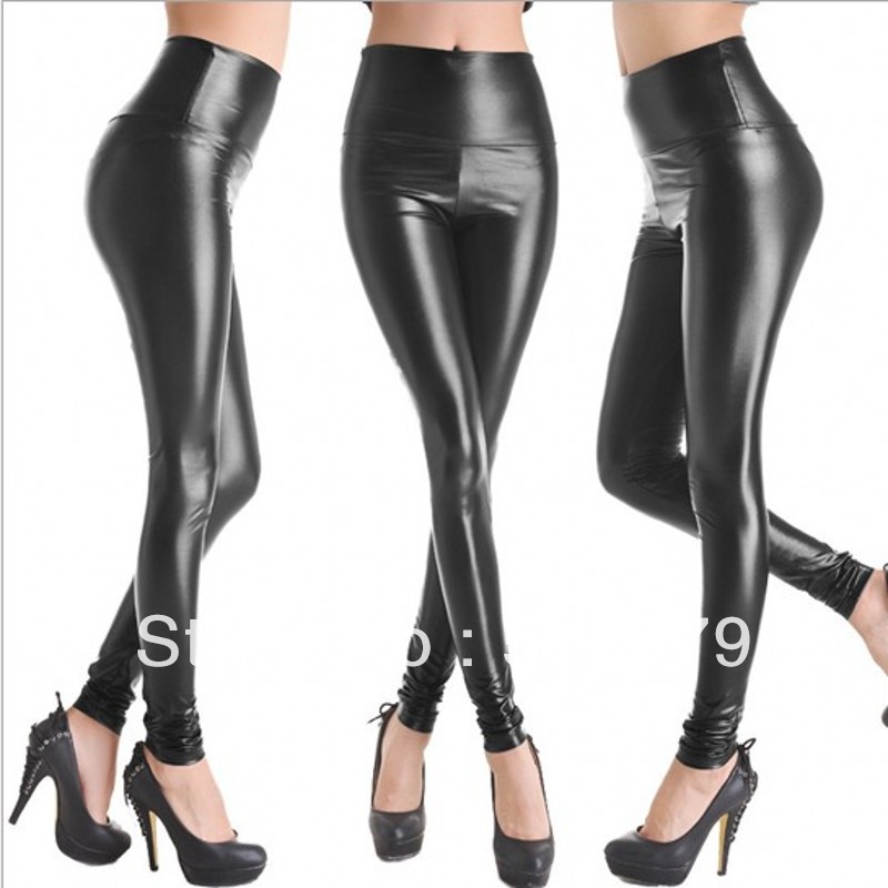 Women's plus size faux leather high waist abdomen drawing legging fashion punk female trousers slim 72120