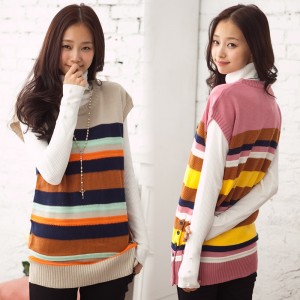 Women's plus size knitted sweater outerwear female loose sleeveless Kells stripe medium-long sweater