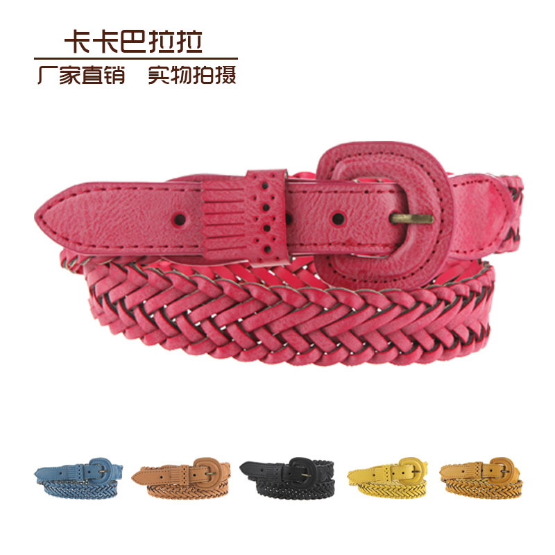 Women's preppy style candy color knitted twisted personality buckle leather strap