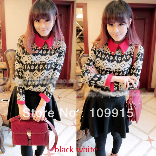 Women's Printing Casual Shirt Blouse Tops New Retro Lapel Chiffon Long Sleeve  CY0395