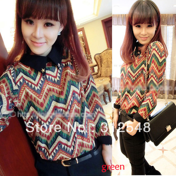 Women's Printing Shirt Casual Blouse Tops New Retro Lapel Chiffon Long Sleeve CY0395