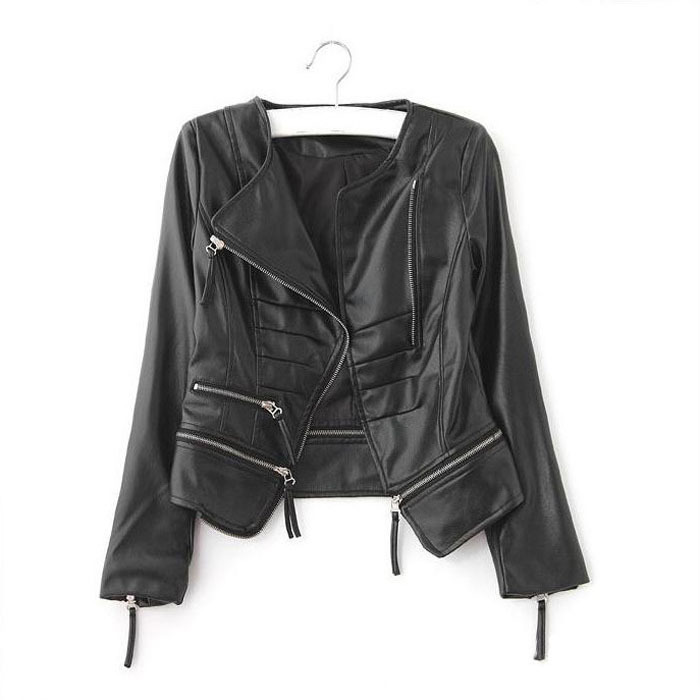 Women's PU Leather Jacket Suede,Black O-neck Zipper Motorcycle jacket,Elegant Casual Brand Design,Free Shipping