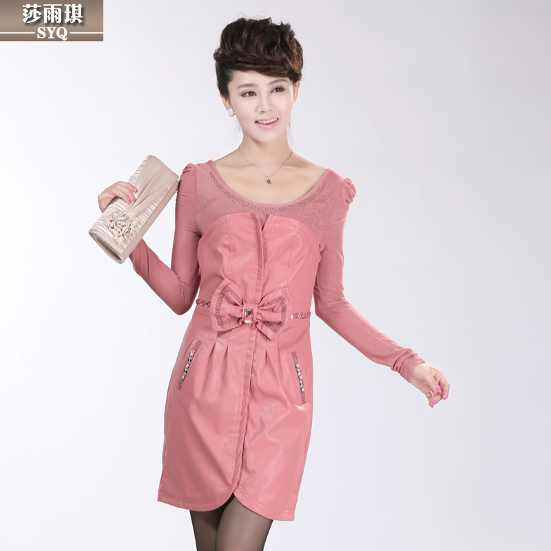 Women's PU one-piece dress female slim o-neck water washed leather basic skirt