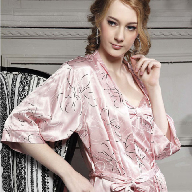 Women's quality faux silk sexy sleepwear flower pink lingerie robe bathrobes belt