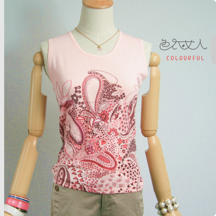 Women's quality print sleeveless sweater handmade beading vest basic shirt plus size available s010