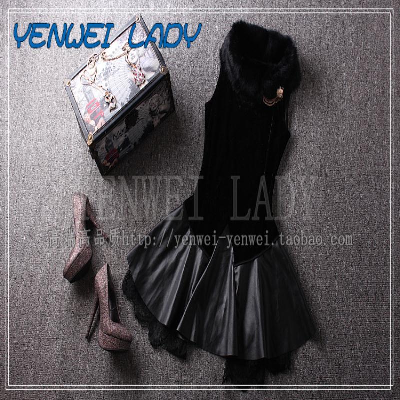 Women's quality rabbit fur lace brooch luxury leather skirt tank dress formal dress one-piece dress