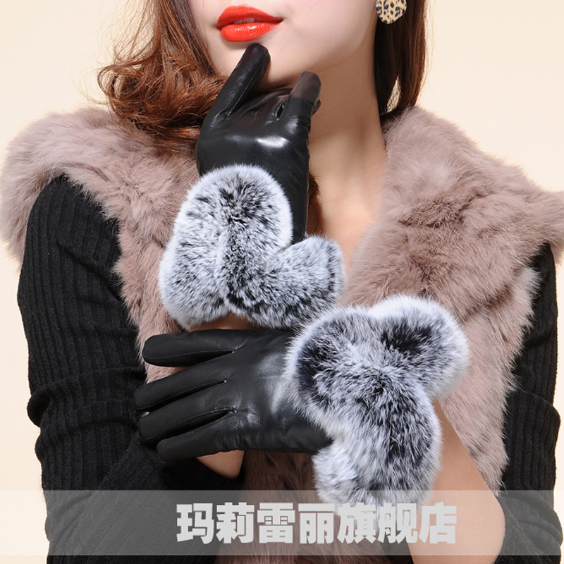 Women's quality sheepskin leather gloves fashion large thermal rex rabbit hair