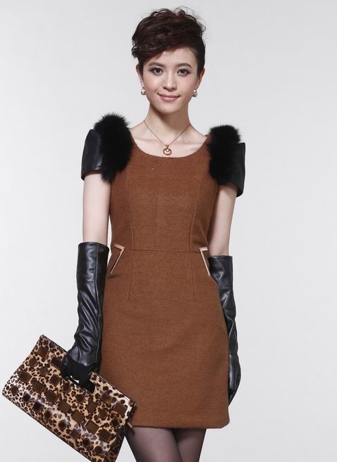 Women's rabbit fur genuine leather double woolen one-piece dress sb207