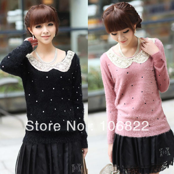 Women's Rabbit Fur Sequins Collar Sweater Dots Sweatshirt Knits Outerwear Top HR451