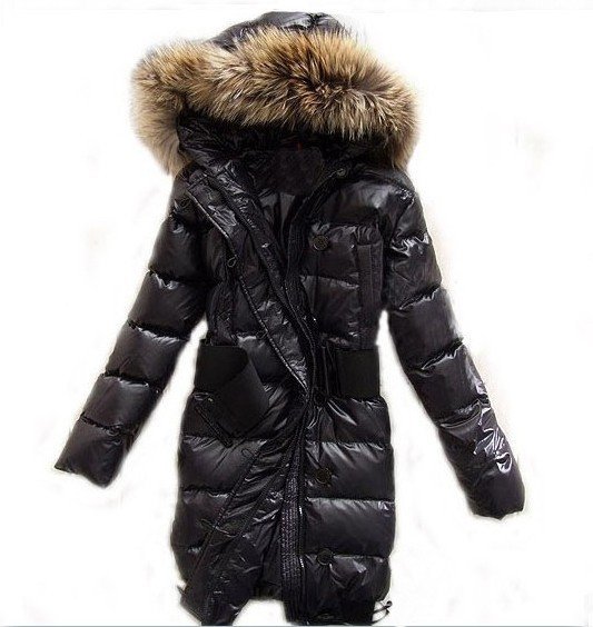 Women's Raccoon Fur Down Coat Lady Long Jacket Hood & Belt Winter Clothes Black Best Selling