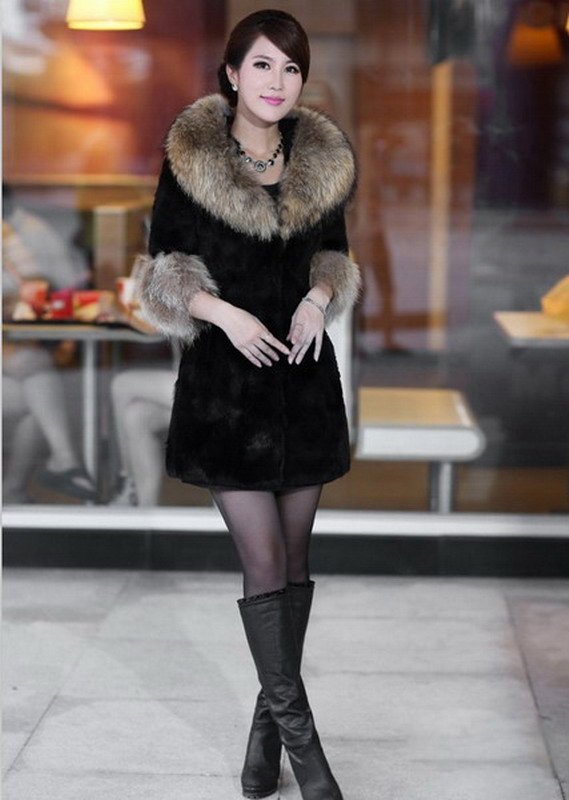 Women's Raccoondog  Fur  Collar With Rabbit Fur Coat ,Down Coat Lady Long Jacket  & Belt Winter Clothes Black Best Selling